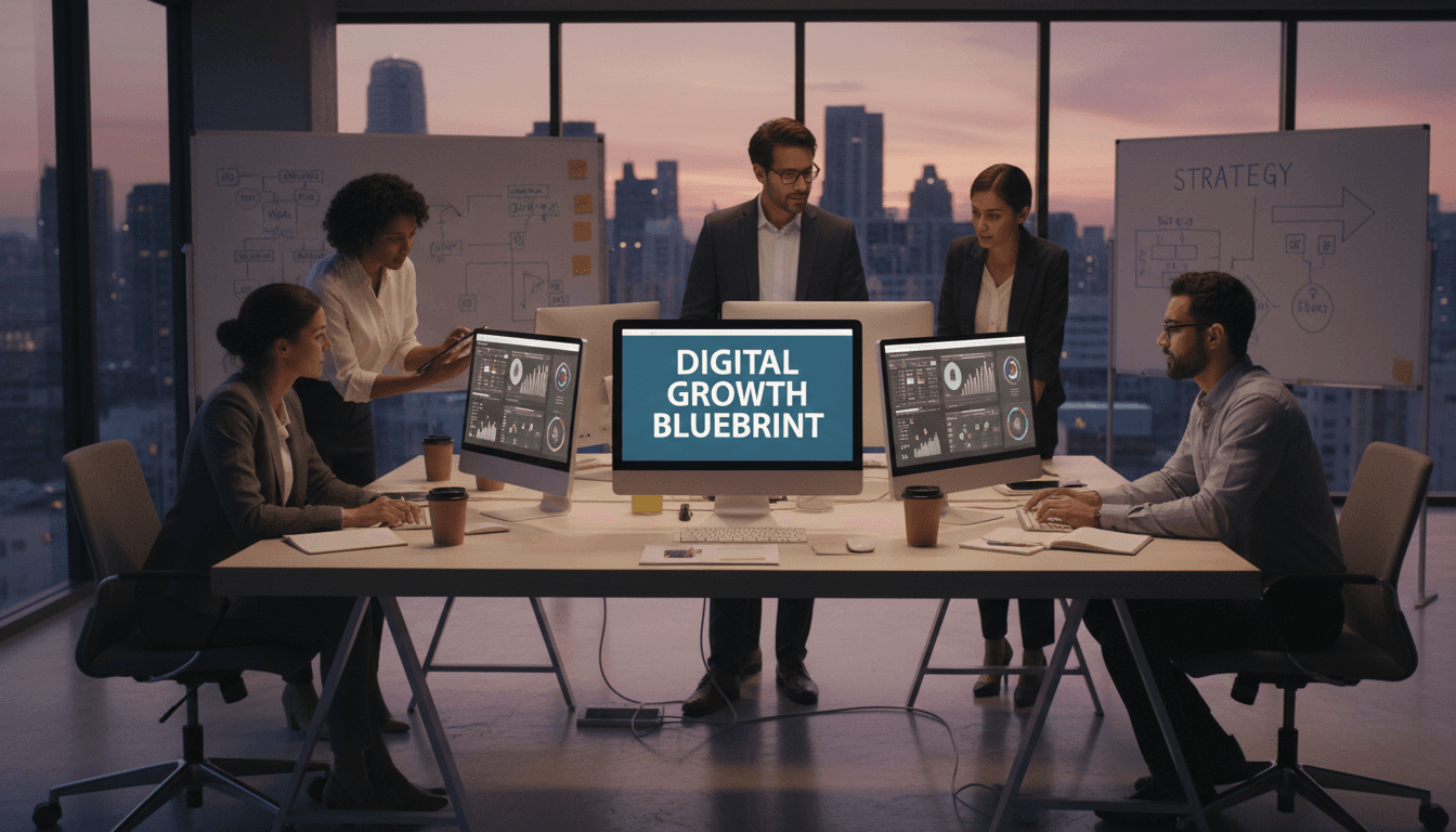 Team collaborating on digital marketing campaign with laptops and analytics dashboard