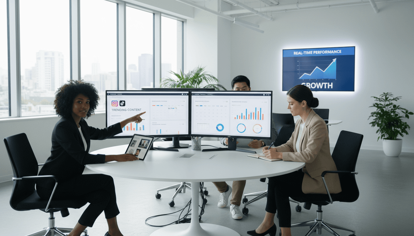 SERDOGS Marketing team working on digital marketing strategy with analytics displayed on screens