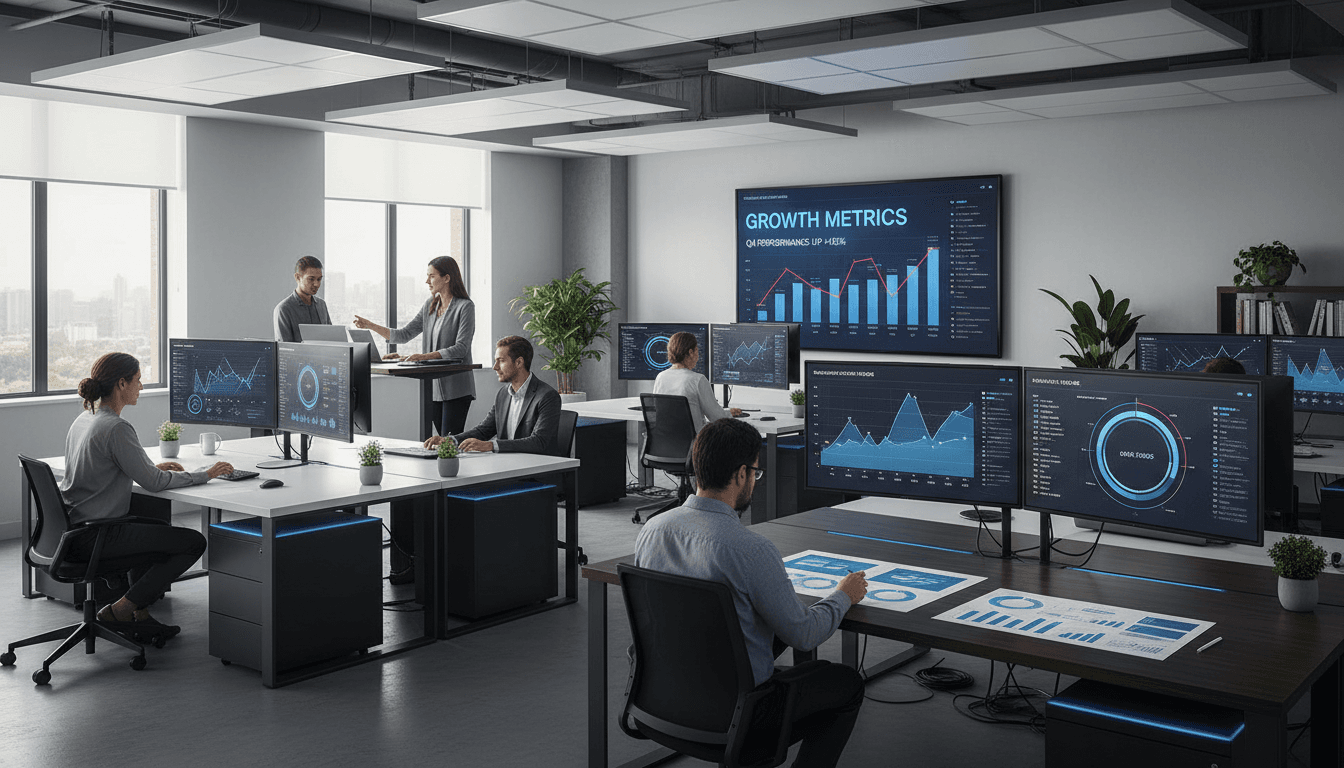 Digital marketing team working together at a modern office workspace with analytics on screen
